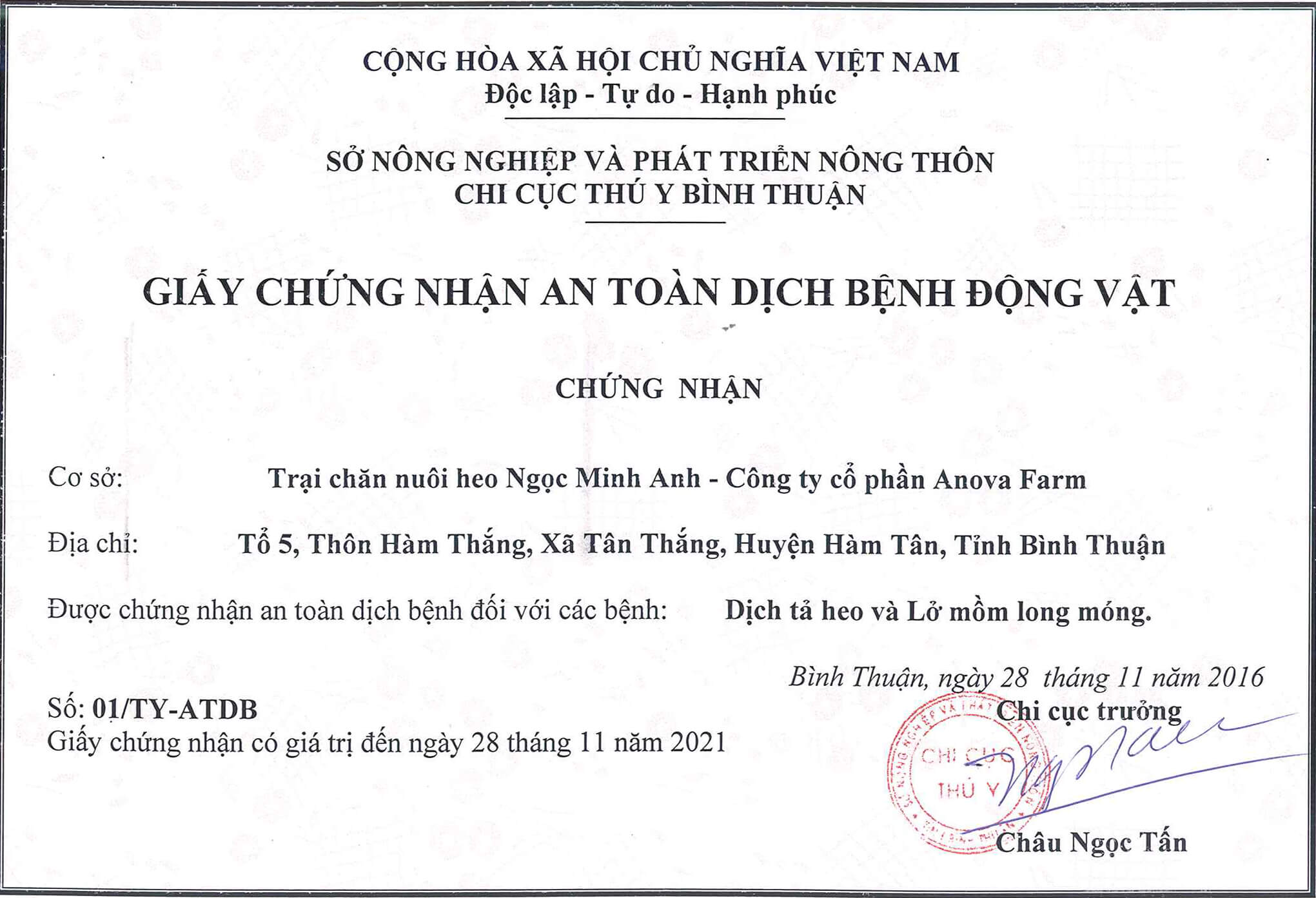 Certificate of animal disease safety - Ngoc Minh Anh facility