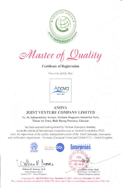 Trusted Green 2014 (Certified by InterConformity-Germany, European Union; Global GTA-United Kingdom and Vietnam Enterprise Institute).