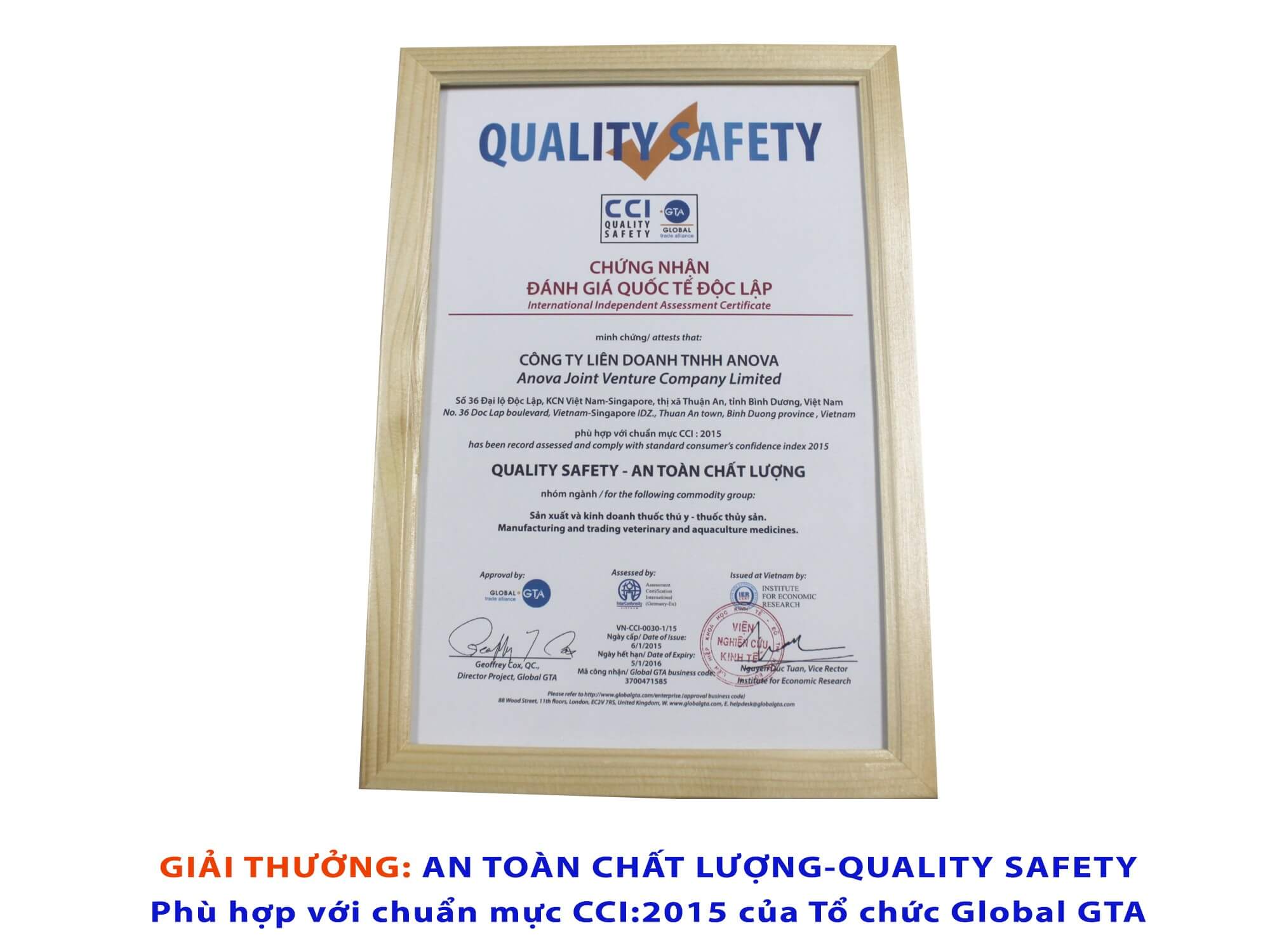 Quality Safety Certificate (Conforms to CCI:2015) granted by Economic Research Institute & Global GTA