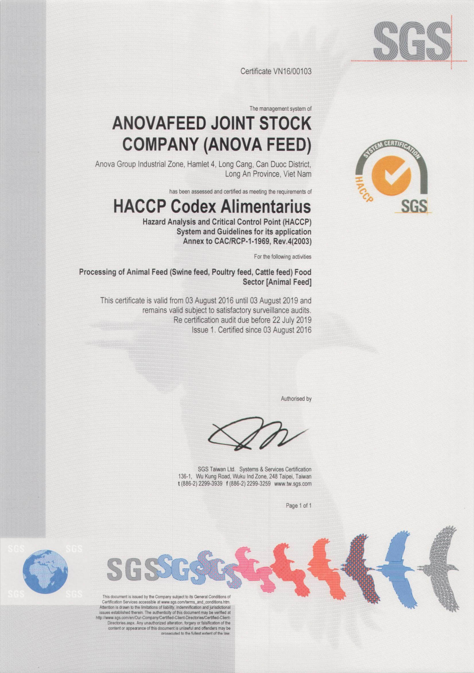 Certificate of food hygiene and safety management system HACCP