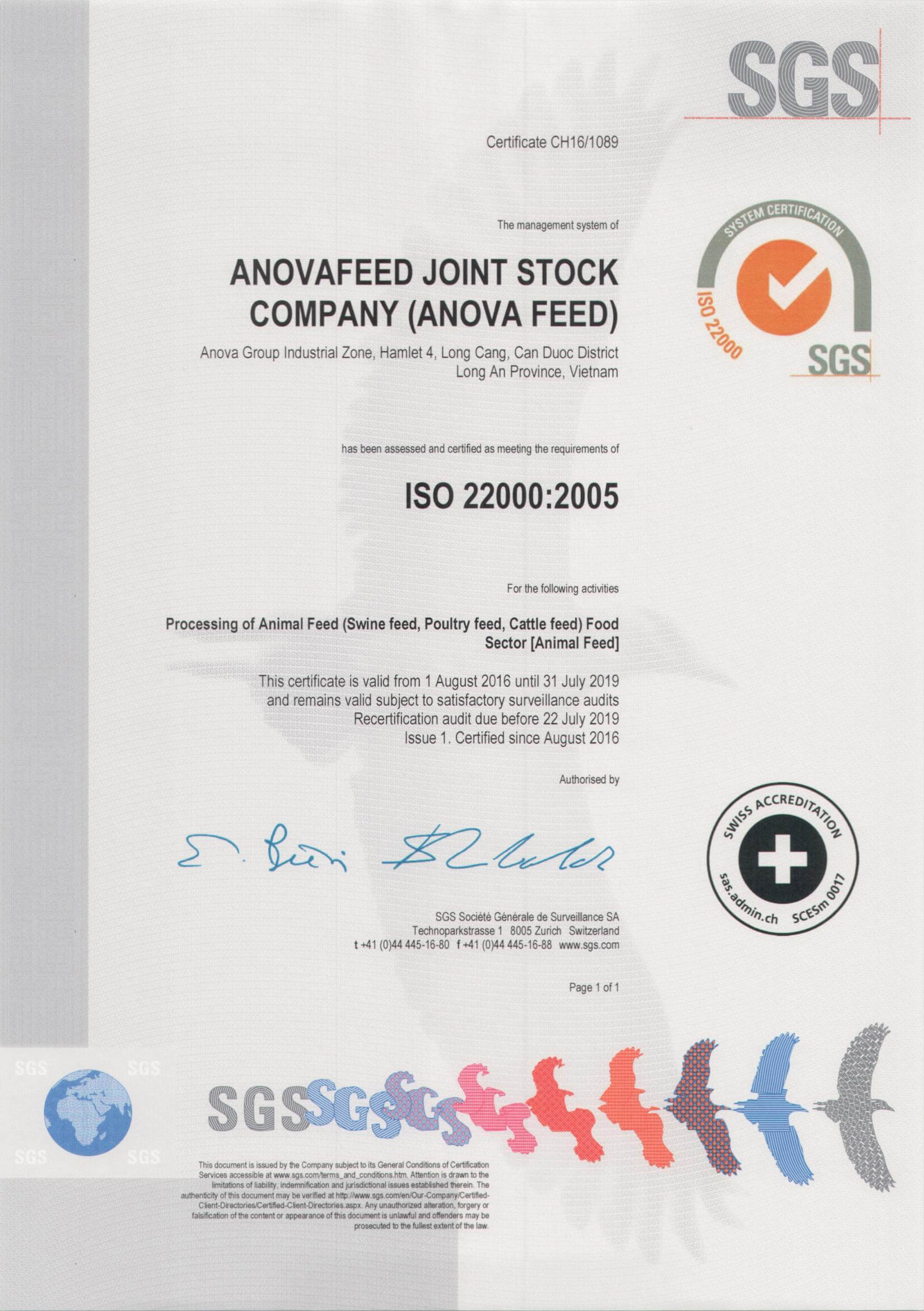 Chứng chỉ về hệ thống Quản lý An toàn thực phẩm ISO 22000 : 2005